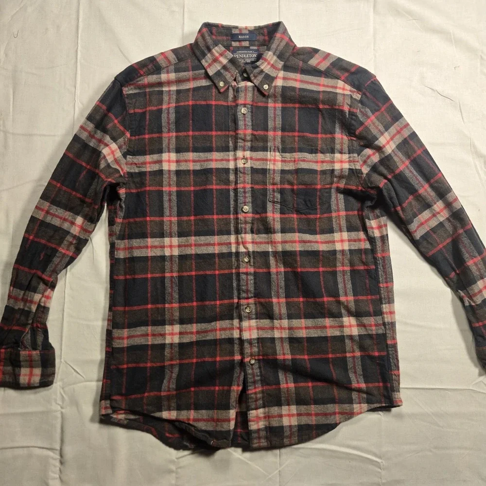 Pendleton Mason Flannel Button Down Long Sleeve Shirt Mens M Red Brown Plaid